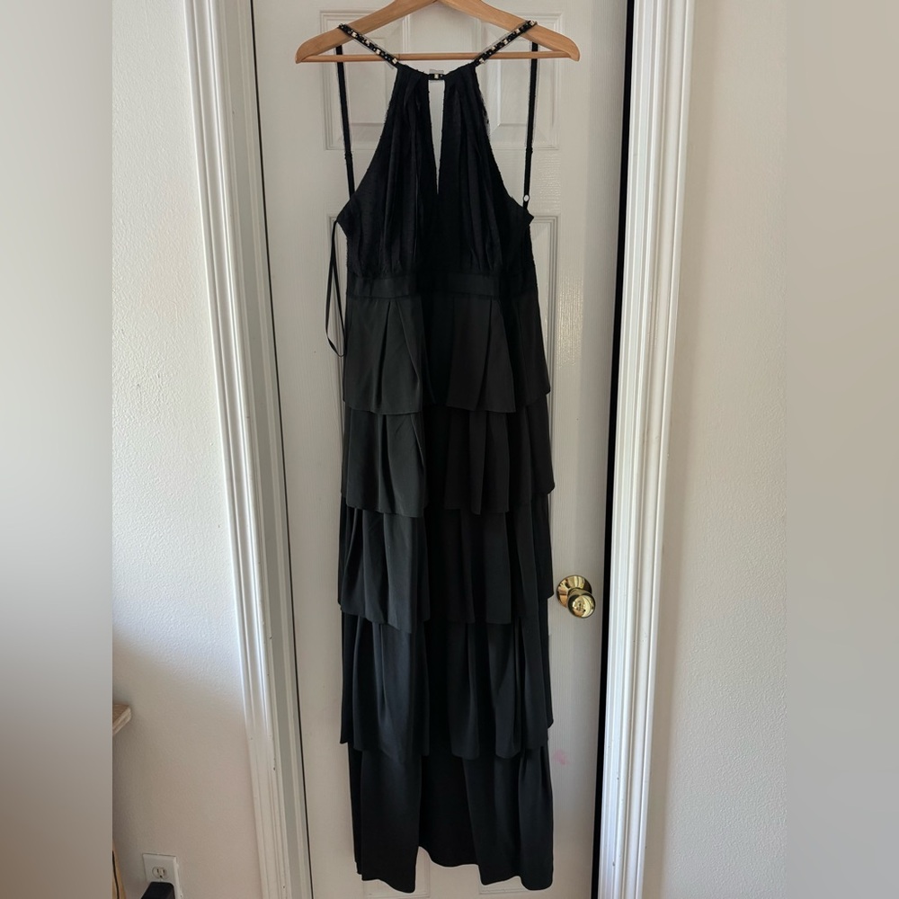 BCBG Max Azria black formal maxi gown, adjustable beaded straps. Size 4